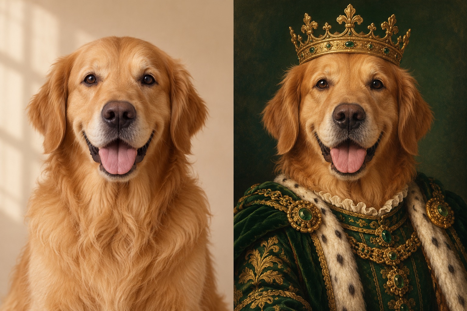 Illustrative golden retriever concept shown as a royal portrait